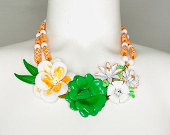 Upcycled Green Enamel Flower Pin Necklace