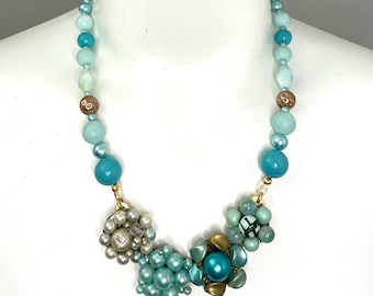 Upcycled Blue Vintage Clip Earring Bib Necklace with Vintage Bead Chain