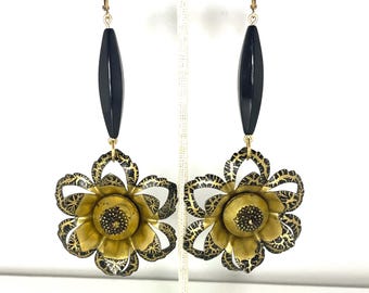 Upcycled Vintage Drapery Tack Drop Earrings Black and Gold