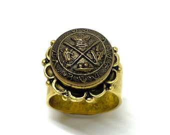 Adjustable Vintage Button Ring Gold tone