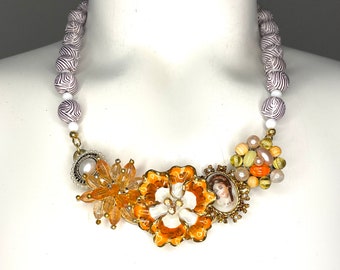 Upcycled Vintage Enamel Flower Earring Bib Necklace with Faux Bois beads