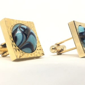 Square Blue Marbled Dome Gold Cufflinks