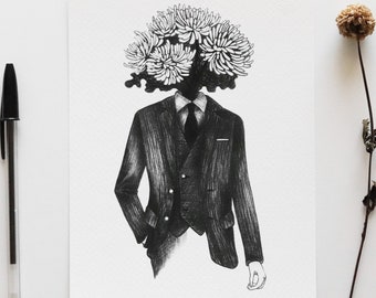 Man with Flowers Head – Black and White Pen Drawing | Surreal Vintage Symbolic Wall Art
