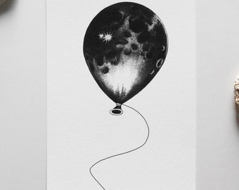 Moon Balloon – Black and White Pen Drawing | Surreal Vintage Symbolic Wall Art