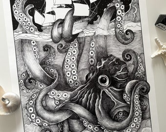 Kraken-poster A2 – vintage zwart-wit nautische illustratie | Muurkunst mythisch wezen