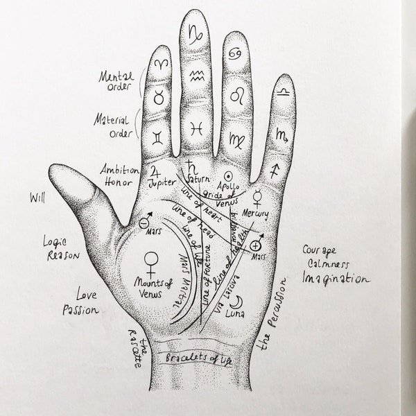 Hand with palmistry palm reading map - original handmade drawing - hand drawn ink artwork created during Inktober 2023 - one of a kind art