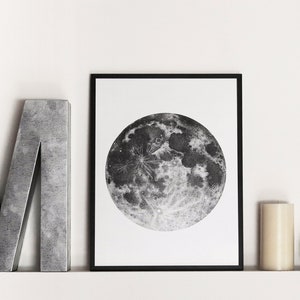 Stampa di luna piena su carta argentata - luna piena disegnata con punti di inchiostro in tecnica dotwork - stampa su carta perlata - A4, A3