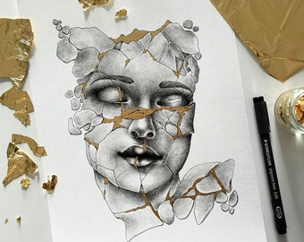 Kintsugi woman art print - hand finished with gold leaf - broken face with golden breaking lines like Japanese art of Kintsugi - A5, A4, A3