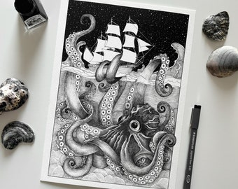 Kraken art print - black and white ink illustration of a big squid octopus Kraken catching a boat - A5, A4, A3