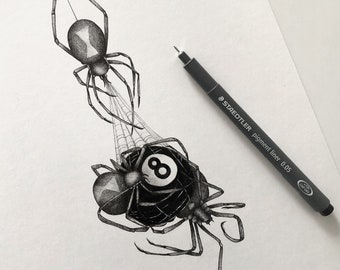 Black Widow spiders with 8 black ball - original handmade drawing - hand drawn ink artwork created during Inktober 2023 - one of a kind art