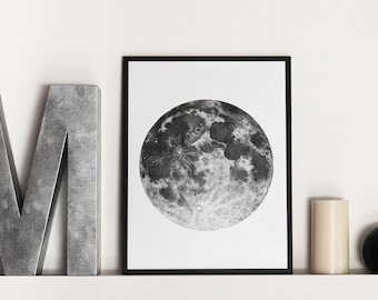 Full moon print on silver paper - dotwork full moon drawing all made by little dots of ink printed on silver-plated pearl paper - A4, A3