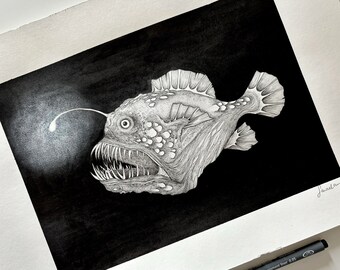 Deep-sea fish - original drawing of a fish of the deep with lantern light - handmade with ink and fineline dotwork - unique art piece