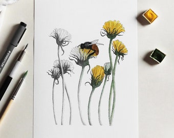 Print "the importance of bees" - a golden bee brings yellow colours to dandelions flowers - with hand painted gold guache detail - A4, A5