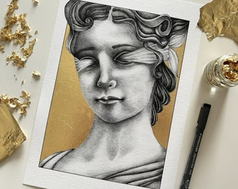 Fortuna art print - hand finished with gold leaf - illustration of Fortuna, the blindfolded Roman goddess of luck and fortune - A5, A4, A3