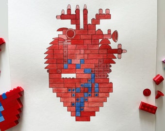 LEGO anatomical heart - original handmade drawing of an anatomical heart designed and made with real LEGO pieces - unique art piece