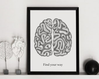 Print "labyrinth brain" - anatomical illustration of a brain containing a real maze with quote about finding your own way - A3, A4, A5