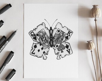 Print of a butterfly with wings made of playing cards - black and white ink dotwork surreal illustration with vintage style - A4, A5, A6