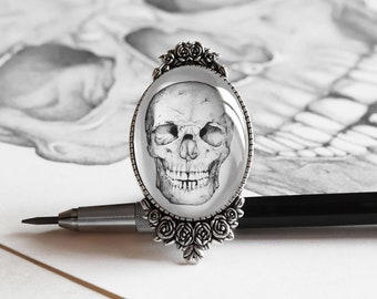 Brooch with anatomical skull drawing - illustrated jewelry - handmade jewel created with printed image