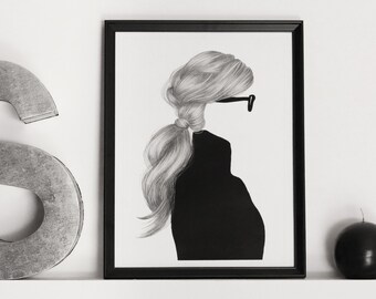 Print "faceless portrait" - black and white illustration art print of a woman with no face - A4, A3