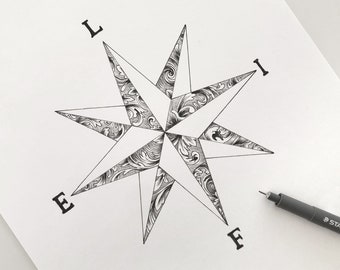 Compass rose with "LIFE" cardinal points - original handmade drawing - hand drawn ink artwork created for Inktober 2023 - one of a kind art