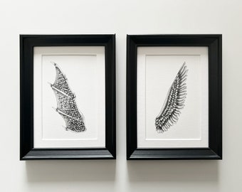 Angel and demon wings prints set - black and white ink illustration duo of an angel wing and a demon wing - A4, A5, A6