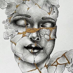 Stampa Donna Kintsugi – Illustrazione Simbolica con Foglia Oro | Rifinitura a Mano