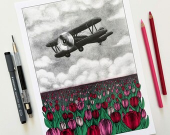 Vintage airplane over pink tulips - illustration art print of an old biplane aircraft flying over a field of pink tulips  - A5, A4, A3