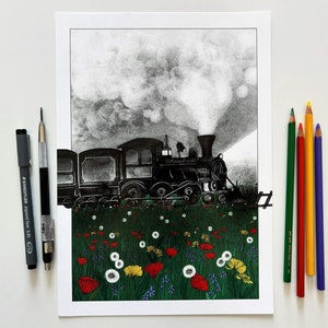 Vintage train in a green wild flowers field illustration art print of an old steam locomotive travelling in the night A5, A4, A3 image 8