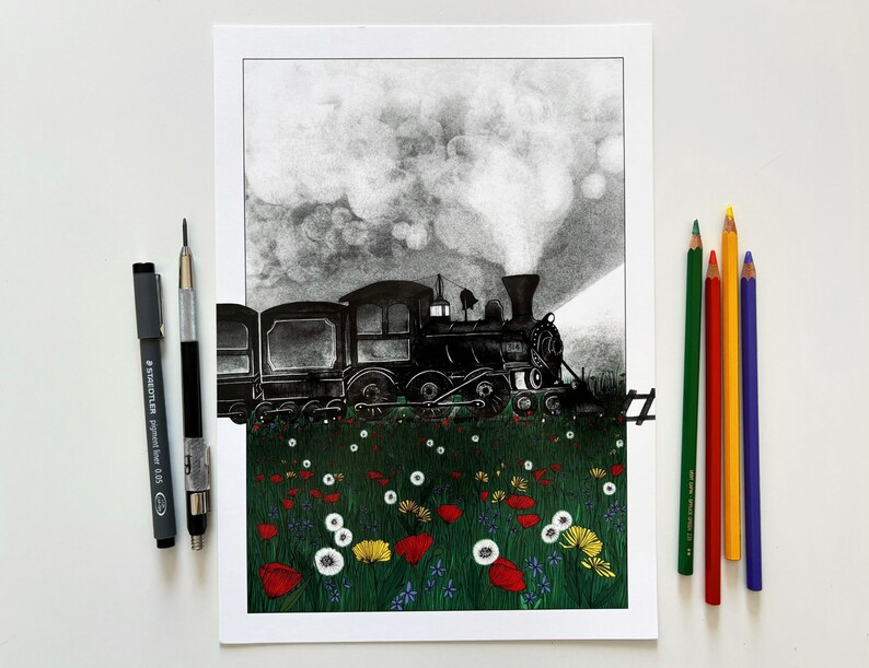 Vintage train in a green wild flowers field illustration art print of an old steam locomotive travelling in the night A5, A4, A3 image 8