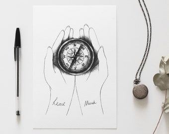 Print "Compass" - illustration of hands holding a wind rose compass - black and white ballpoint pen drawing art print - A5, A6