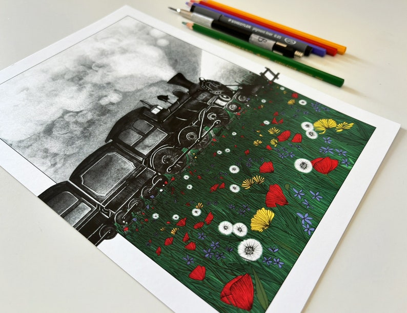Vintage train in a green wild flowers field illustration art print of an old steam locomotive travelling in the night A5, A4, A3 image 10