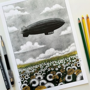 Vintage zeppelin airship over yellow dandelions illustration art print of an old dirigible flying over a dandelions field A5, A4, A3 image 1