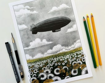 Vintage zeppelin airship over yellow dandelions - illustration art print of an old dirigible flying over a dandelions field  - A5, A4, A3