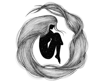 Stampa "Uroboro" - illustrazione in inchiostro di una ragazza fatta di cielo stellato e i capelli che creano un cerchio - A5, A4, A3