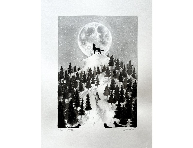 Wolf and hunter original drawing of a wolf howling to full moon followed by a hunter handmade with ink and graphite unique art piece image 5