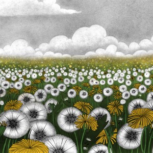 Vintage zeppelin airship over yellow dandelions illustration art print of an old dirigible flying over a dandelions field A5, A4, A3 image 7