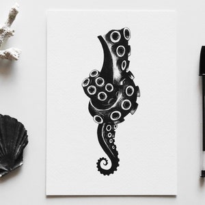 Print Knot illustration of an octopus tentacle with a knot black and white ballpoint pen drawing art print A5, A6 image 1
