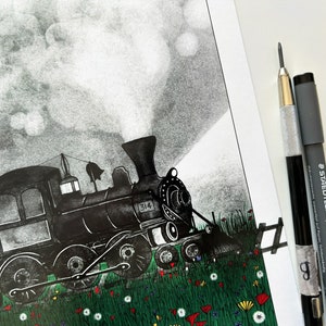 Vintage train in a green wild flowers field illustration art print of an old steam locomotive travelling in the night A5, A4, A3 image 2
