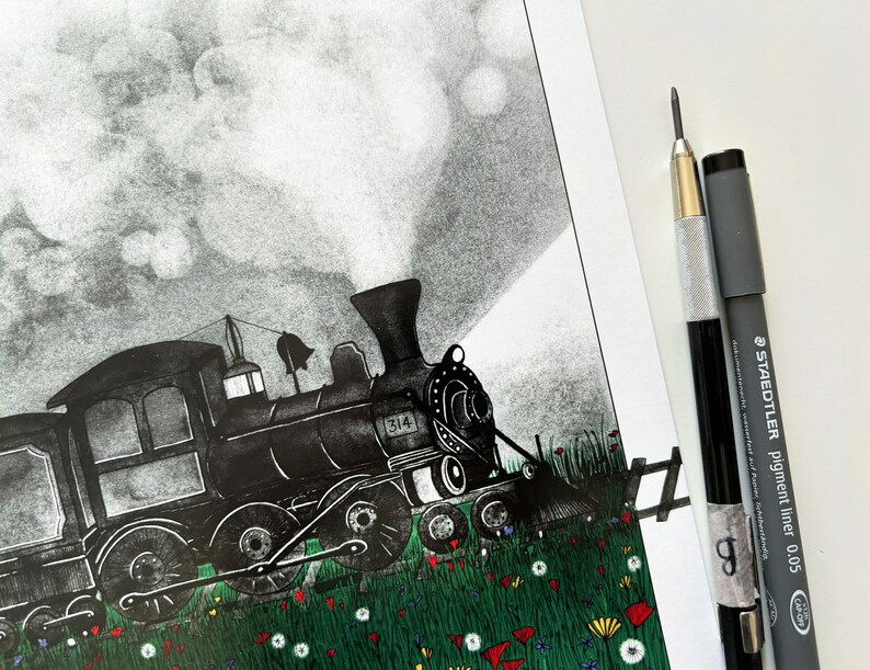Vintage train in a green wild flowers field illustration art print of an old steam locomotive travelling in the night A5, A4, A3 image 2
