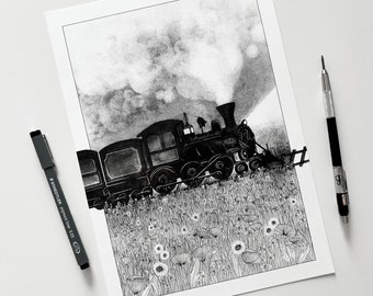 Stampa di treno vintage - illustrazione in bianco e nero di vecchia locomotiva a vapore in viaggio in un prato di fiori - A5, A4, A3