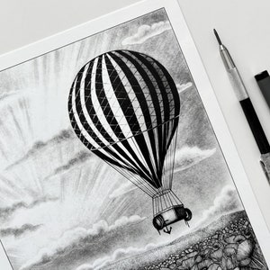 Vintage hot air balloon illustration art print of an old black and white striped hot air balloon flying over a poppy field A5, A4, A3 image 2
