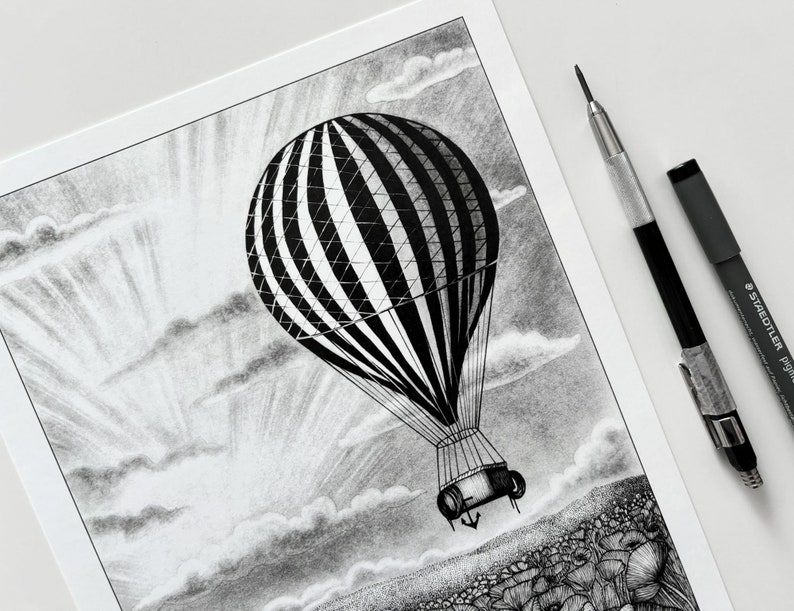 Vintage hot air balloon illustration art print of an old black and white striped hot air balloon flying over a poppy field A5, A4, A3 image 2