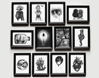 Set of 12 black and white prints - ballpoint pen art drawings with surreal and dark style for a multiple frames wall art collage - A6, A5