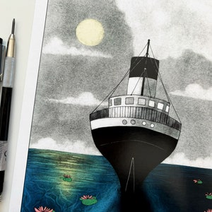 Vintage transatlantic on a blue sea illustration art print of an old Titanic lookalike steam ship sailing with the moonlight A5, A4, A3 image 2