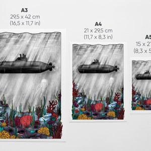 Vintage submarine over a colourful seabed illustration art print of an old submarine sailing under the sea over the sea bed A5, A4, A3 image 9