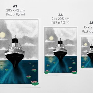 Vintage transatlantic on a blue sea illustration art print of an old Titanic lookalike steam ship sailing with the moonlight A5, A4, A3 image 9