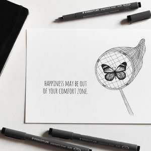 Farfalla nel retino con frase su felicità e comfort zone - illustrazione metaforica di animale con citazione motivazionale - stampa A5