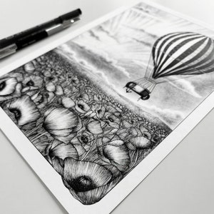 Vintage hot air balloon illustration art print of an old black and white striped hot air balloon flying over a poppy field A5, A4, A3 image 10