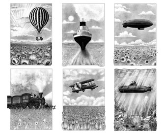 Set di 6 stampe con mezzi di trasporto d'epoca - illustrazioni in bianco e nero con atmosfere vintage e steampunk - A5, A4, A3