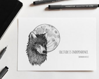 Wolf with full moon and Hermann Hesse quote about solitude -  illustration print of animal with motivational quote metaphor - A5